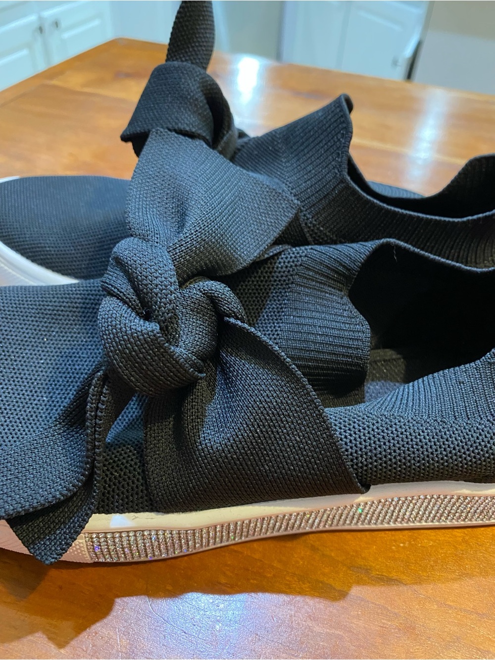 bernie mev. Black Knit Slip-On Sneakers with Bow and Crystal-Trim Sole
